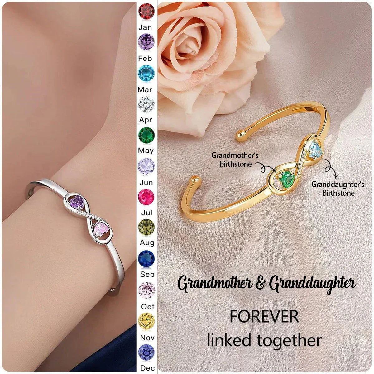 Personalized Grandmother & Granddaughter Infinity Dual Birthstone Bracelet